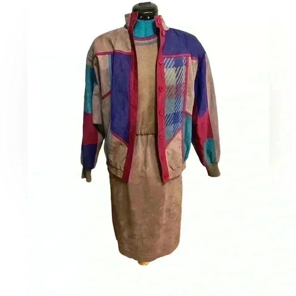 ciao ltd Dresses & Skirts - Vintage Ciao Ltd Plaid Sweater Gray Taupe Suede Dress Jacket 2 Piece Set Size 4